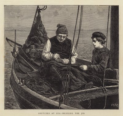 Sketches at Sea, Mending the Jib by Hamilton Macallum